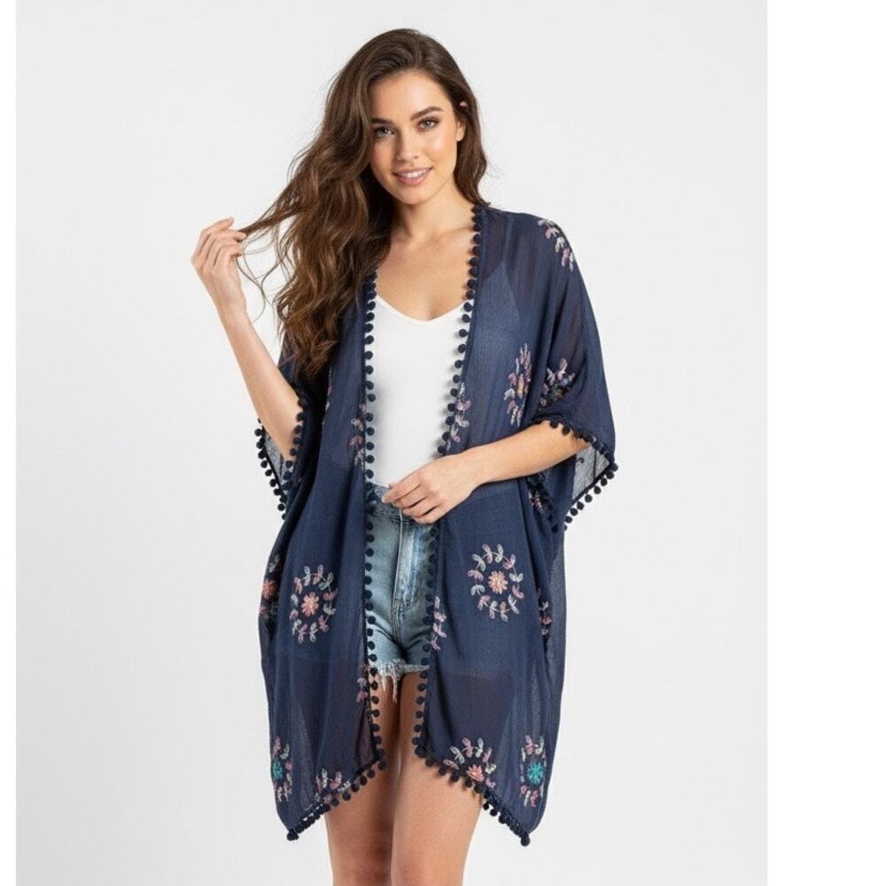 Blue Embroidered Pom Pom Kimono Navy Boho Festival Hippie Indie Artsy Statement